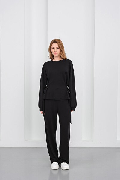 Basicpark Black Women's Soft Textured Premium Modal Turtleneck Asymmetrical Cut Bottom-Top Set