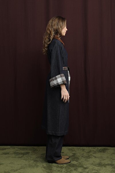 Soul Жіночий джинсовий тренч з картатим візерунком - 32392TRC - NAVY