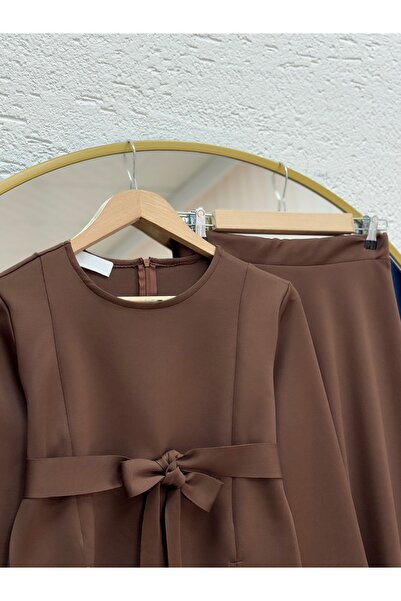 MİHRA STORE Filiana Tie-Up Skuba Skirt Suit-Mt8577 Brown