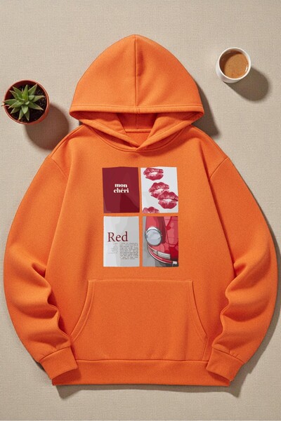 uyguntarz Unisex Red Mon Cheri Printed Hooded Sweatshirt