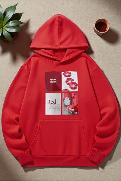 uyguntarz Unisex Red Mon Cheri Printed Hooded Sweatshirt