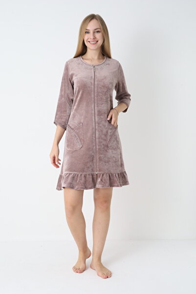 ROMEO LİFE Γυναικείο χειμερινό φόρεμα από βαμβακερό βελούδο με φερμουάρ / βιζόν - 3719