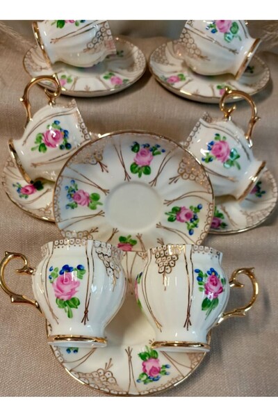 BY.RAYKA PORSELEN El Dekor Florina Pervi̇z Porcelain Hand Painted Coffee Cup Set