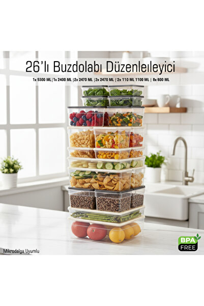 FİTHOME 26-Piece Refrigerator and Freezer Organizer Storage Containers 6 Different Sizes Microwave Safe Bpa Free