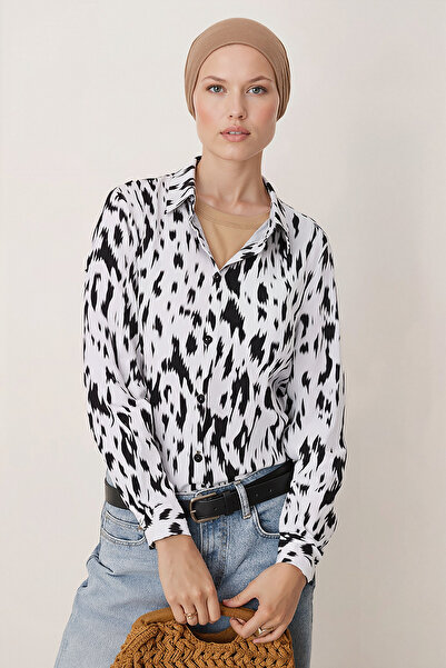 armonika Women's Beige-Black Patterned Long Sleeve Hijab Shirt Arm-26K001071