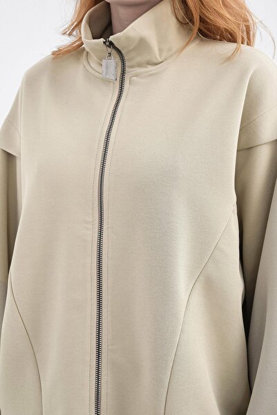 Basicpark Haki Women's Pique Textured Waist Adjustable Zipper Detailed Wide Leg Top and Bottom Set