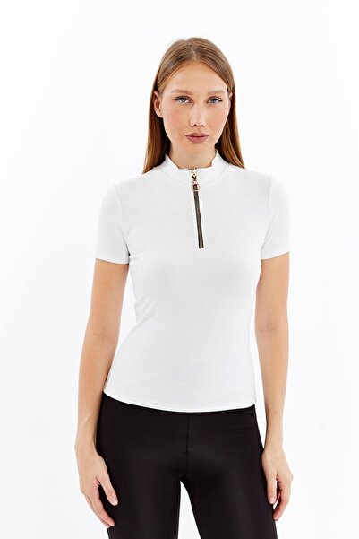 Maison La Femme Women's short sleeve half zip Slim Fit t-shirt