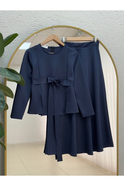 MİHRA STORE Filiana Tie-Up Skuba Skirted Suit-Mt8577 Navy Blue