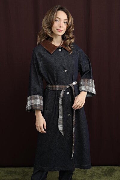 Soul Жіночий джинсовий тренч з картатим візерунком - 32392TRC - NAVY