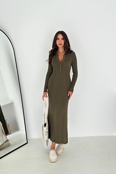 Noi Belis Maxi Boy Half Placket Button Detailed Knitwear Dress Aw25El0022