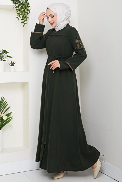 hafsamina Lace-Up Sleeve Embroidered Ferace Khaki Hm2854