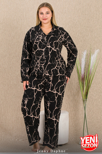 Jenny Daphne Warm Non-Sweaty Belmando Viscose Fabric Buttoned Top Plus Size Pajama Set