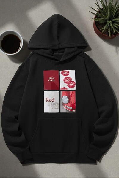 uyguntarz Unisex Red Mon Cheri Printed Hooded Sweatshirt