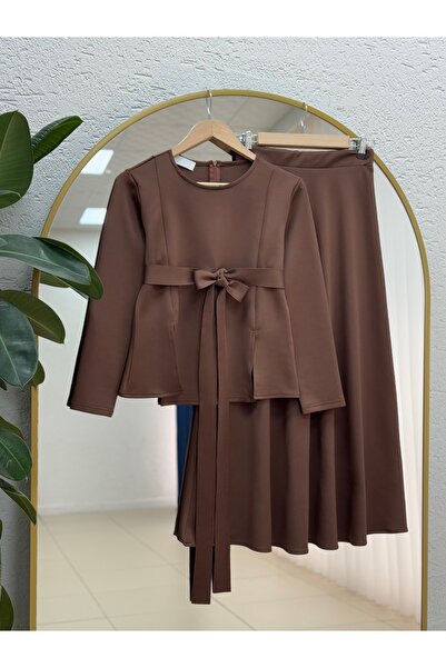 MİHRA STORE Filiana Tie-Up Skuba Skirt Suit-Mt8577 Brown