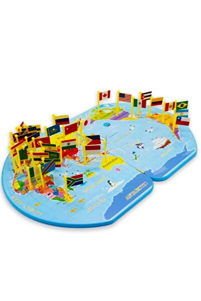 sallma Wooden World Map with 36 National Flags