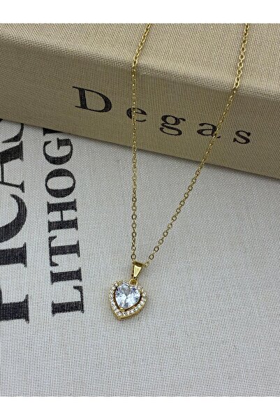 Hedef Bijuteri Steel Silver Color Zircon Stone Heart Model Necklace