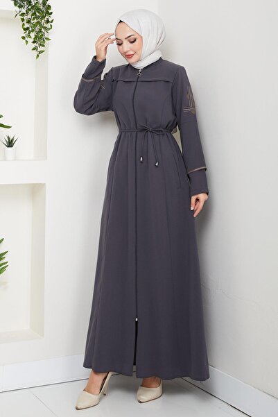 hafsamina Lace-Up Sleeve Embroidered Ferace Smoked Hm2854