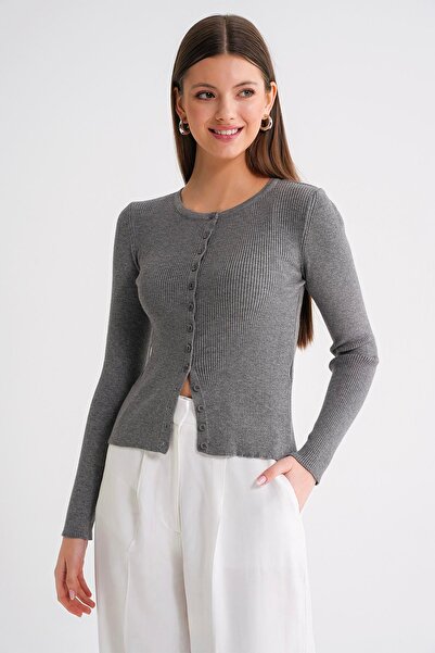 Mixray 6931 Women's Buttoned Corded Fabric Knitwear Cardigan Gray