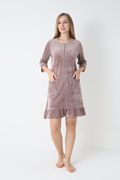 ROMEO LİFE Γυναικείο χειμερινό φόρεμα από βαμβακερό βελούδο με φερμουάρ / βιζόν - 3719