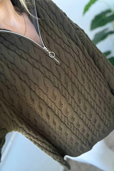 Kubos Moda Zippered Knitted Pattern Relaxed Fit Khaki Sweater