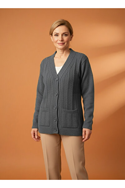 Ravencia Women's Buttoned Mother Dark Gray Knitwear Cardigan