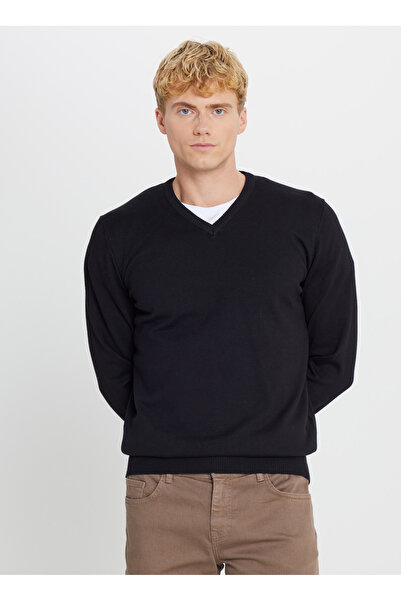 ALTINYILDIZ CLASSICS Мъжки пуловер с V-образно деколте, стандартен черен, ACE043261434_SYH