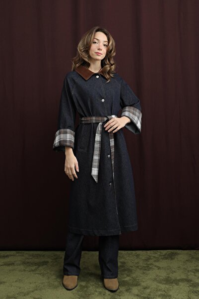 Soul Жіночий джинсовий тренч з картатим візерунком - 32392TRC - NAVY