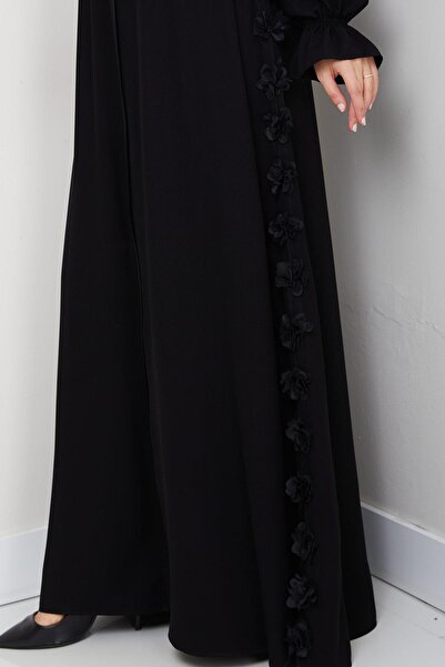 hafsamina Floral Detailed Ferace with Flared Sleeves Black Hm2855