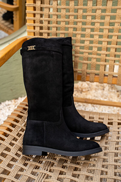 LAMİNTA Hunt Black Suede Women's Detachable Buckle Detailed Boots