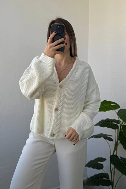 Kubos Moda V-Neck Front Knit Detail Ecru Cardigan