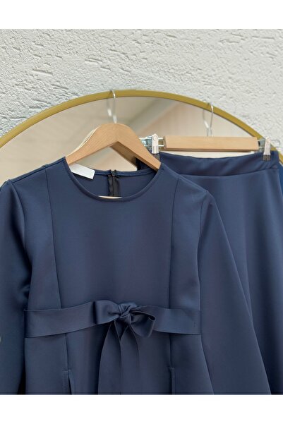 MİHRA STORE Filiana Tie-Up Skuba Skirted Suit-Mt8577 Navy Blue