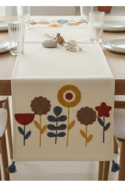 Destiva Home Buldan Handcrafted Floral Pattern Embroidered Gray Tasseled Cotton Runner (40X130 cm)