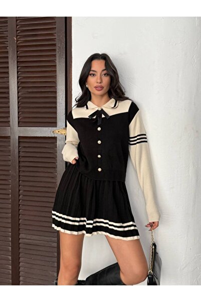 alenmoda Gold Buttoned Polo Neck Ribbon Detailed Knitwear Bottom-Top Set