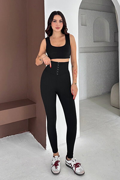 AsprinFashion Leggings material reiat cu detaliu corset în talie, negru