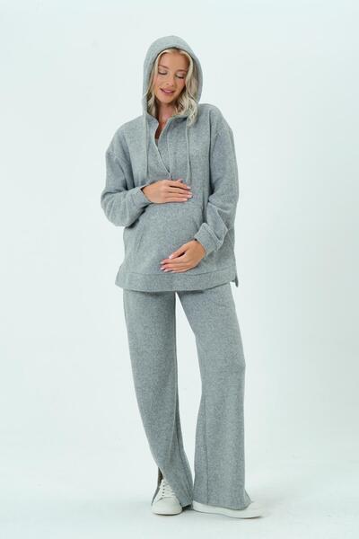 BUSA Pregnant Hooded Half Zipper Wide Leg Thessaloniki Double Suit Gray