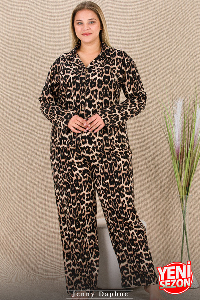 Jenny Daphne Warm Non-Sweaty Belmando Viscose Fabric Buttoned Top Plus Size Pajama Set