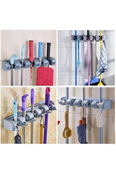 SKY TOUCH SKY-TOUCH Mop and Broom Holder Wall-Mounted Organizer, 5 Slots with 6 Hooks