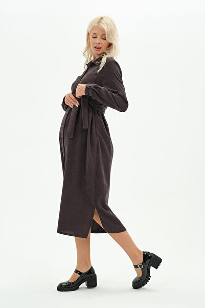 BUSA Maternity Front Button Midi Length Velvet Dress Smoked