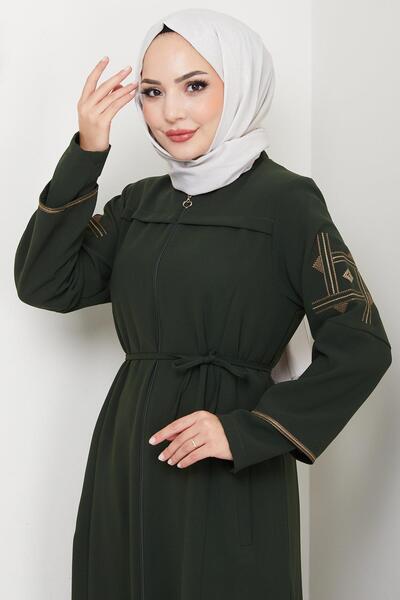 hafsamina Lace-Up Sleeve Embroidered Ferace Khaki Hm2854