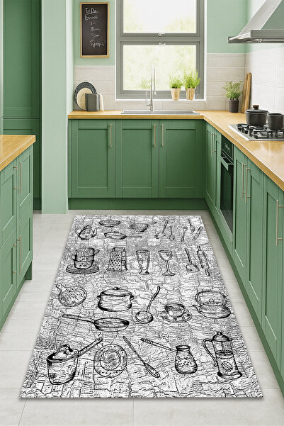 Kessy Home Studio Mutfak Temalı Dijital Baskı Kaymaz Taban Halı Makinede Yıka...