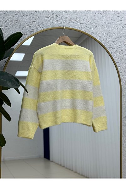 MİHRA STORE Fhiona Thick Striped Bearded Sweater-Zi̇7029 Yellow