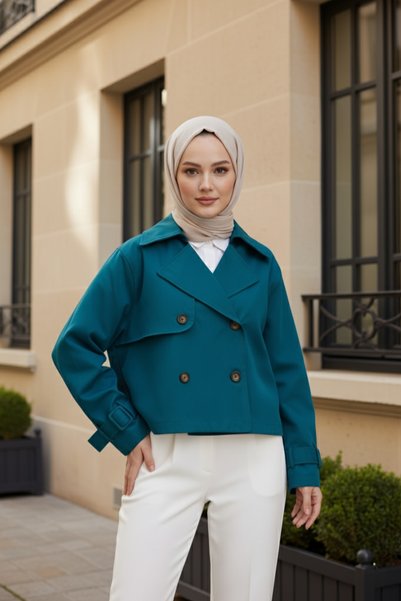 Zeneva Collection Verde smarald, 100% bumbac, căptușit cu gabardină, croială largă supradimensionată, trenci scurt pentru femei 1122-TES
