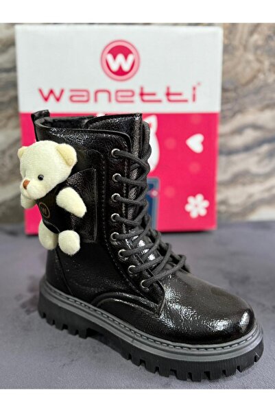 Wanetti Kız Çocuk Parlak Rugan Ayıcık Detaylı Siyah Bot