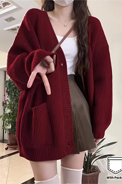 Tarz Cool Women's Oversized Pocket Buttoned V-Neck Knitwear Cardigan