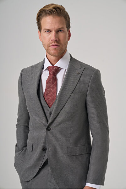 Morven Men's Gray Polyviscon Trend Striped Slim Fit Point Collar Suit