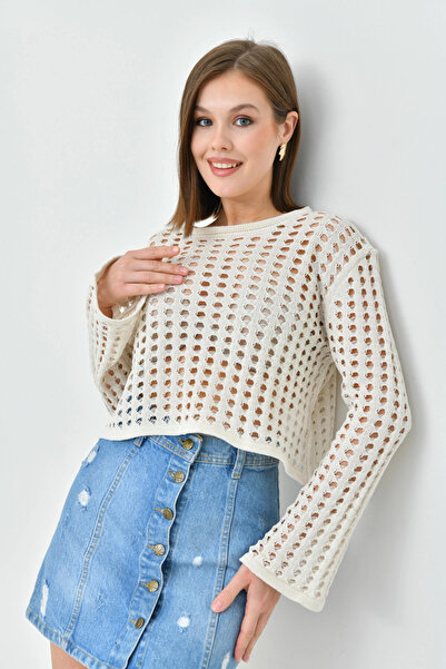 Park Karon Women's Crew Neck Knit Detail Crop Knitwear Sweater