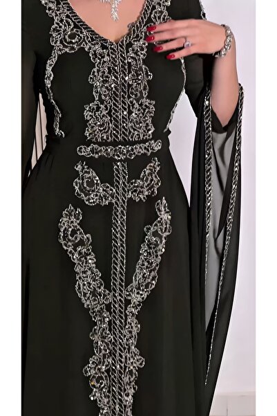NHMODA V-Neck Embroidered Cape Sleeve A-Line Evening Dress