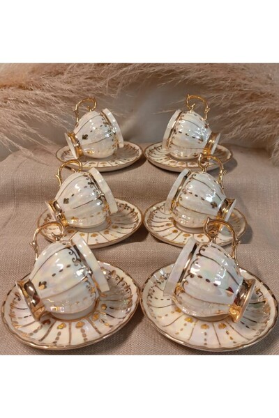 BY.RAYKA PORSELEN El Dekor Aura Pervi̇z Porcelain Hand Painted Coffee Cup Set