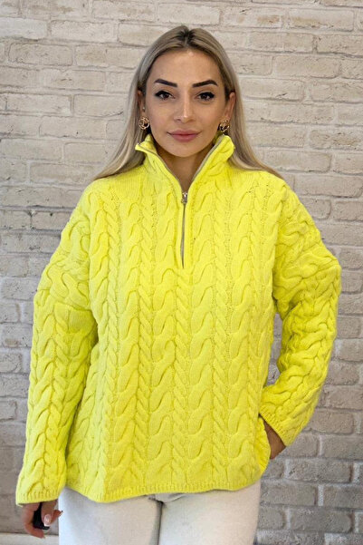 Muna Boutique Lemon Yellow Zippered Turtleneck Tirko Sweater with Braided Hai...