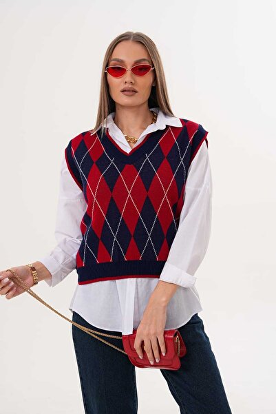 Laressi V-Neck Diamond Patterned Knitwear Sweater